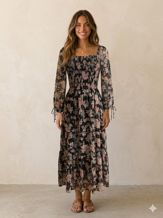 LC Lauren Conrad Dresses & Skirts - LC Lauren Conrad Black Floral Midi Dress with Pink and Green Accents